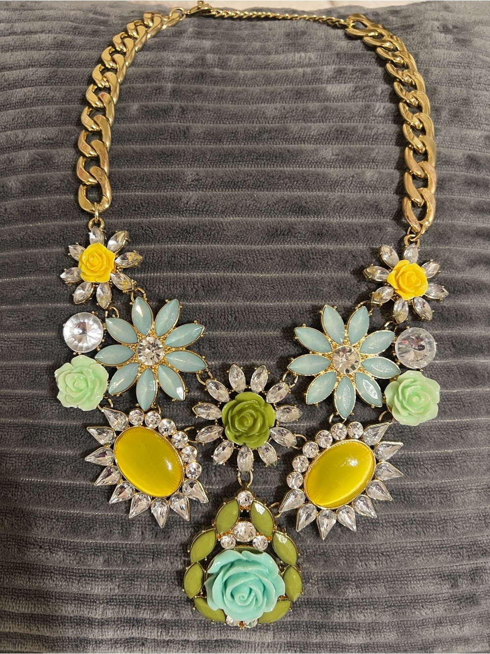Gold Floral Statement Necklace with Yellow and Mint Accents